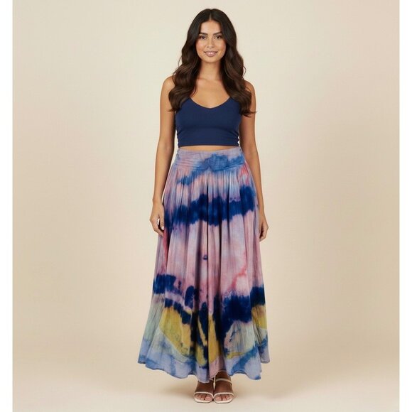 RARE Vintage Free People Hippie Tie Dye Gauzy Flowy Tiered Ruffle Hem Maxi Skirt - Picture 1 of 16